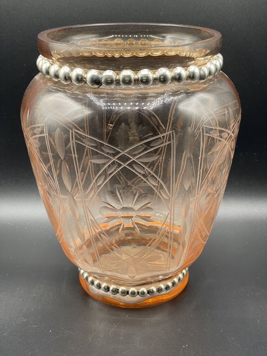 Vaso antigo vidro lapidado com prata