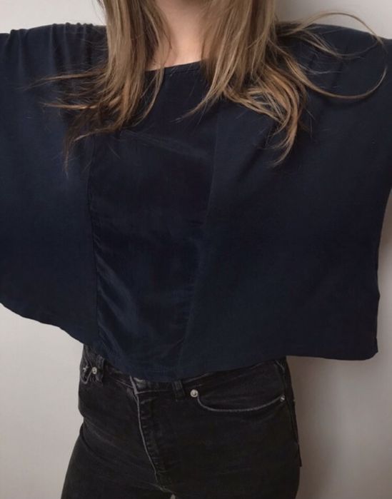 Szeroki crop top granatowy navy z wstawką H&M XS S oversize