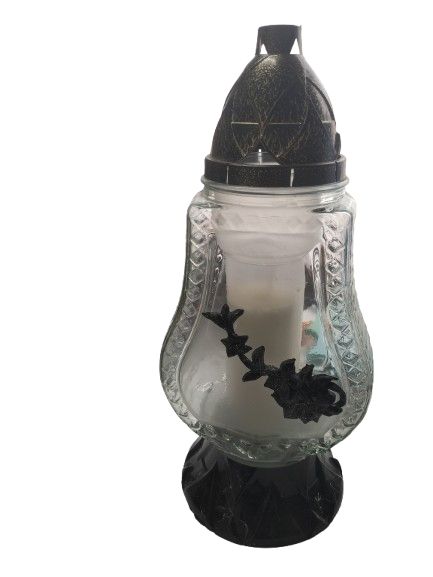 Szklany znicz z metalową pokrywą kształt serca 36x16 cm