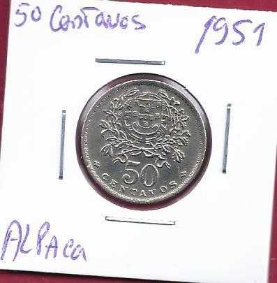 MOEDA da Republica  50  centavos  1951   Alpaca   Bela