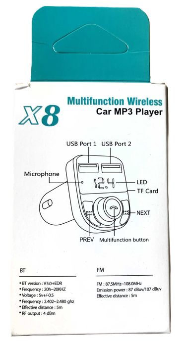 Transmiter odtwarzacz BT/FM, 2 x USB, mp3 TF card, hands free