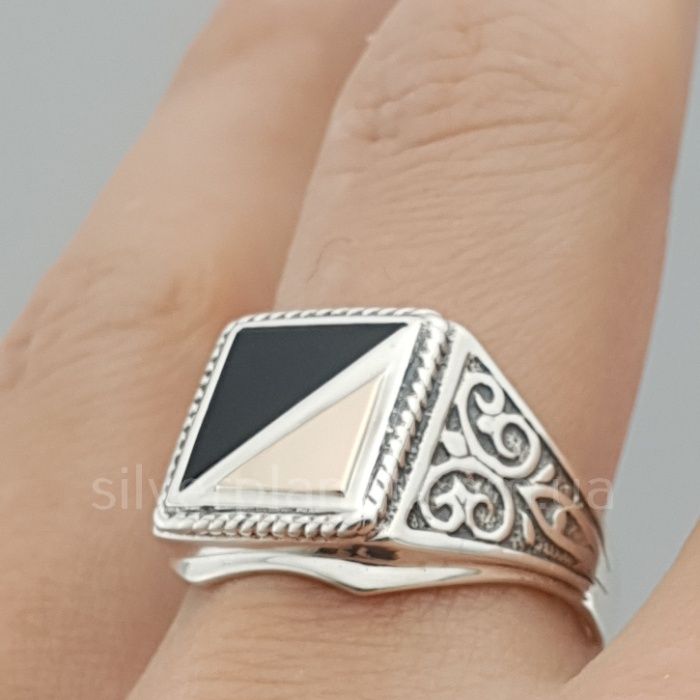 Серебряная печатка с золотом Мужское кольцо Чоловічий перстень 925+585