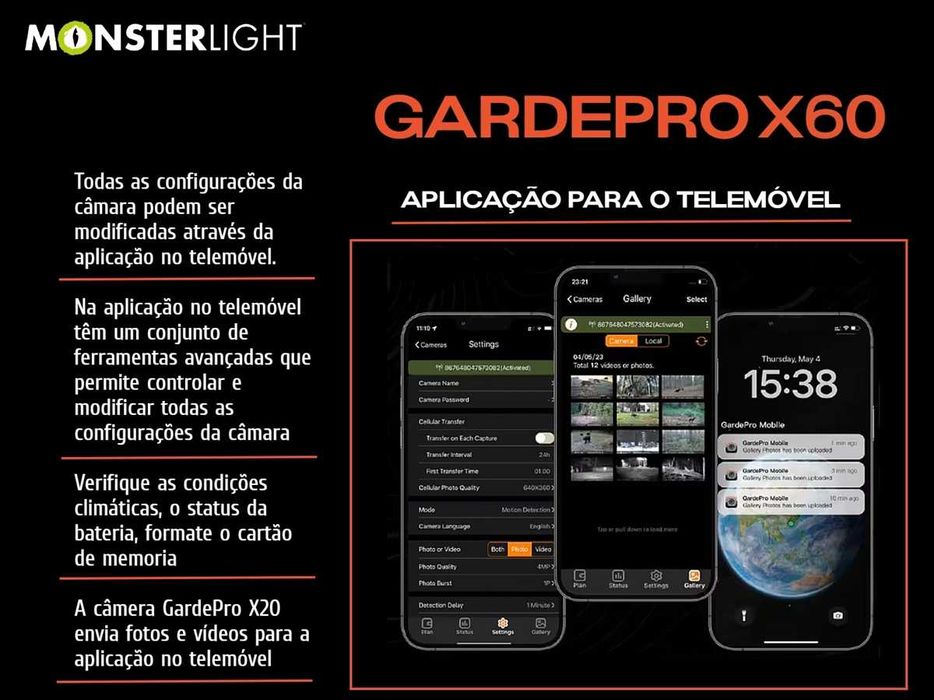 Câmera GardePro X60 aplicação para telemóvel c/bateria e painel solar