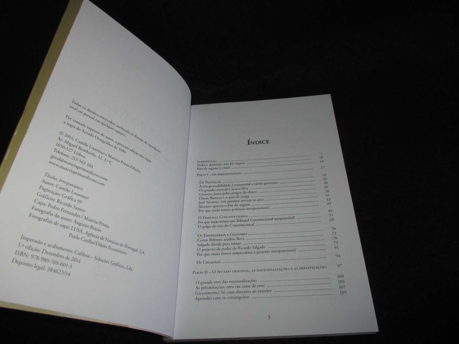 Livro Irresponsáveis Camilo Lourenço 1ª edição 2014