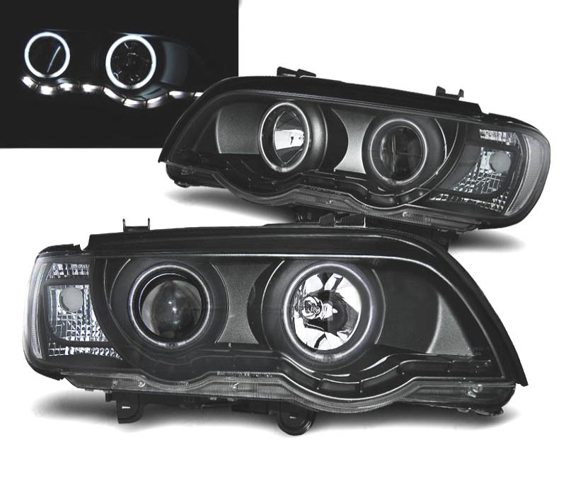 FARÓIS ANGEL EYES XENON BMW X5 99-03 FUNDO PRETO CCFL