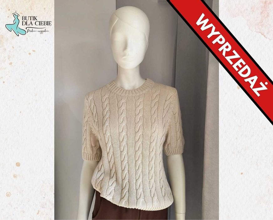 -> WYPRZEDAŻ - Sweter z warkoczowym splotem z krótkimi rękawami / Made in Italy / Rozmiar: Uniwersalny