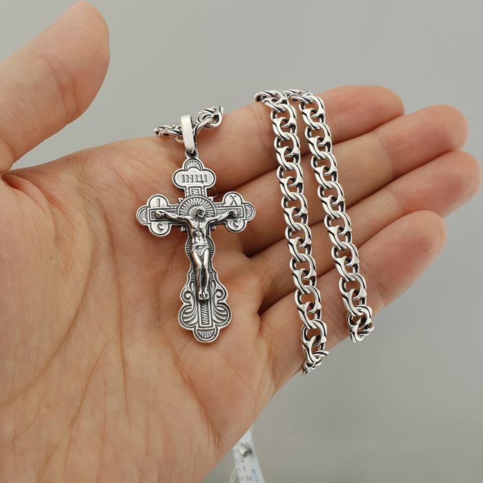 Чоловіча срібна цепочка з хрестиком ланцюжок Бісмарк широкий 925 проба
