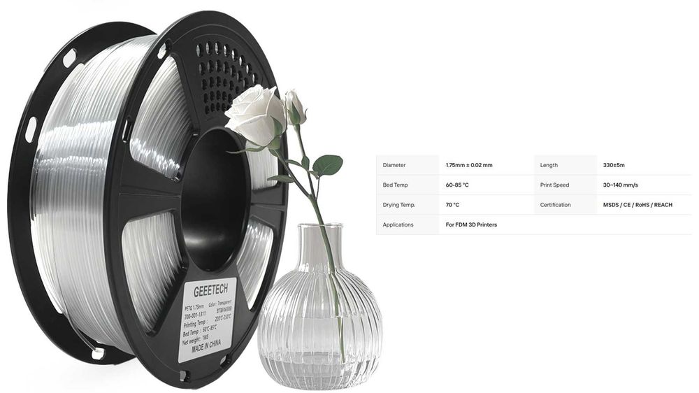 PETG Transparente GEEETECH 1.75mm (1KG) Filamento — Waterproof — BambuLab / Creality / Prusa
