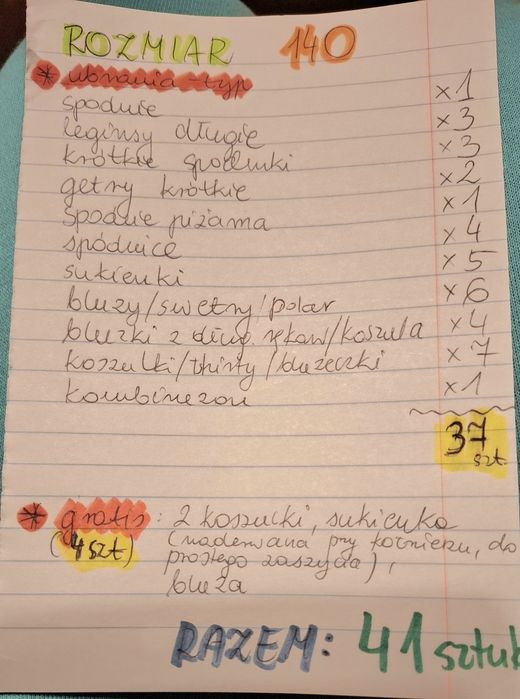 Zestaw ubrań dla dziewczynki rozmiar 140 cm, 37 sztuk + 4 gratis