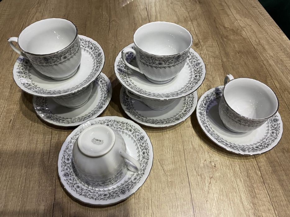 Zestaw filiżanki Swirl platinum scroll Porcelana kostna