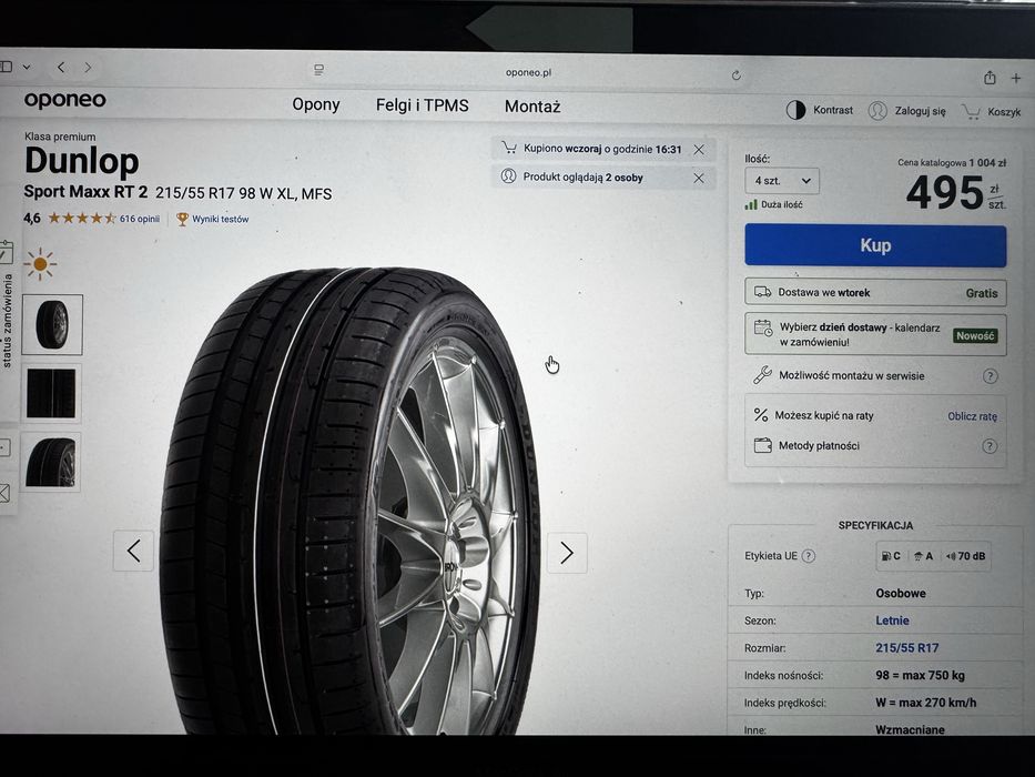 Opony Dunlop Sport Maxx RT2 215/55 R17 98W