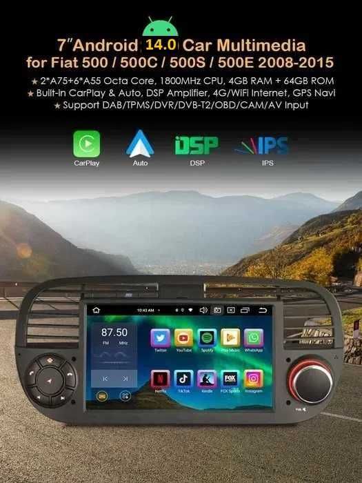 Auto-Rádio 2din Android 14 FIAT 500 Series 07/19