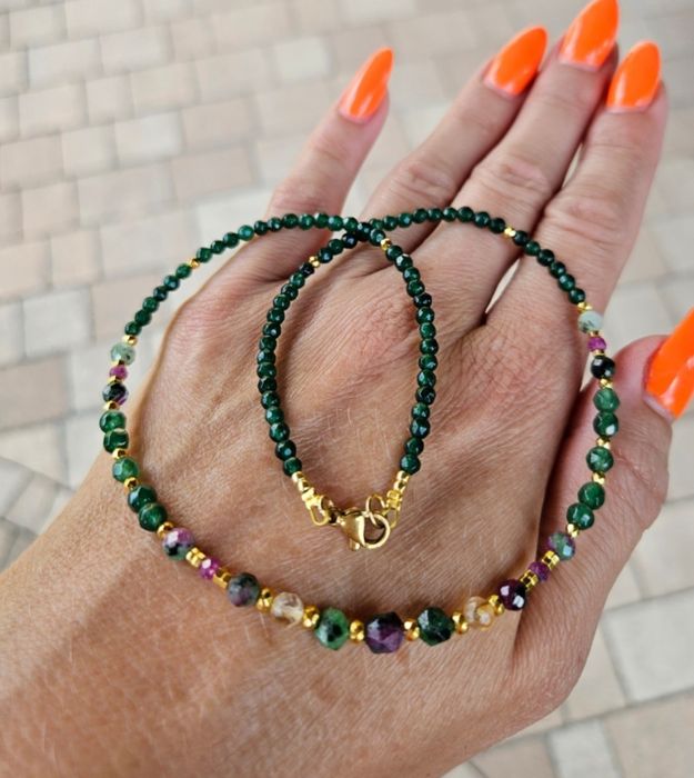 Naszyjnik z Kamieni Naturalnych Zoisyt z Rubinem Cytryn Rubin  Jadeit