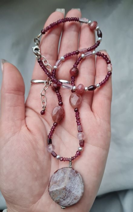Подарок колье бусы розовые турмалины розовый кварц жемчуг серебро 925
