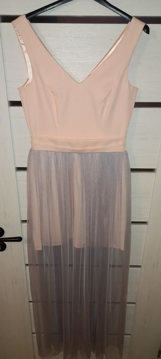 Sukienka długa tiulowa 36 różowo szara