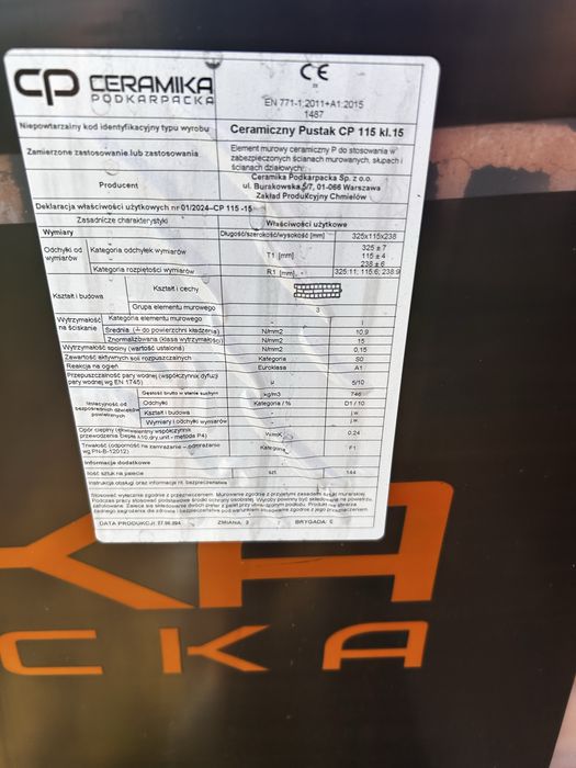 Sprzedam pustak ceramiczny 11,5 Ceramika Podkarpacka – 3 palety