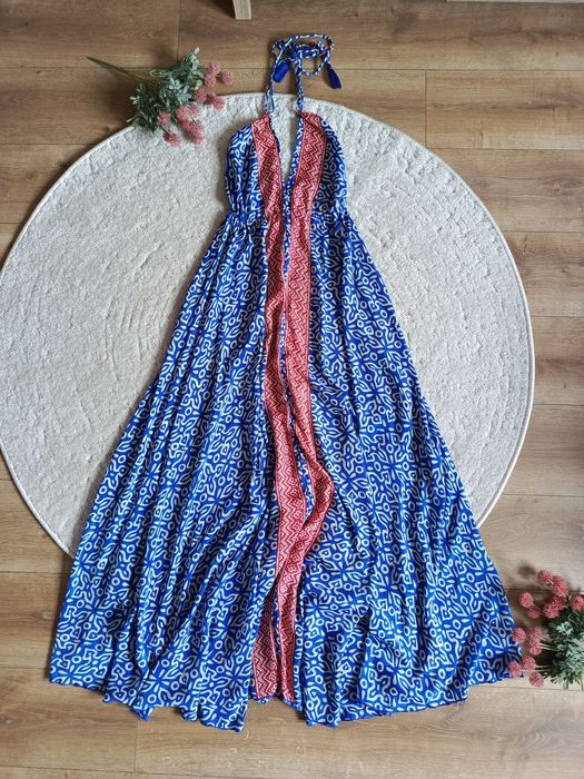 długa sukienka etniczna boho jedwab wakacyjna maxi na lato wiązana