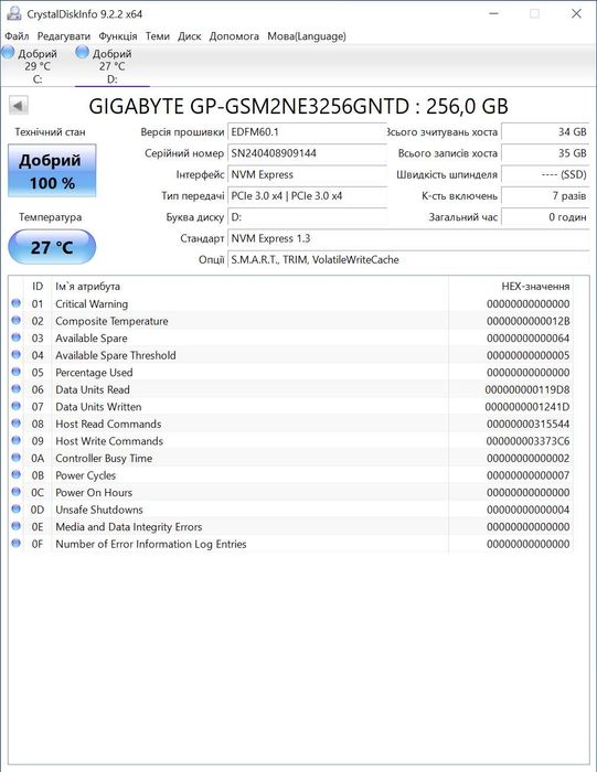 новий M.2 SSD диск 256GB Gigabyte PCI-e 3.0 x4