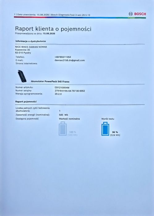 Bateria Akumulator BOSCH SMART POWERPACK 545Wh na rame bidon NOWA 1 cykl 96% sprawności