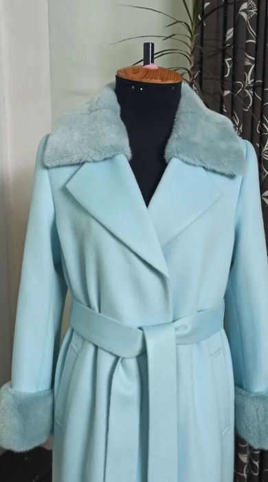 Пальто кашемир шерсть с норкой 46-52 р. Цвет Тиффани
