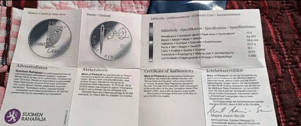 Coin  Finland 10€ 2019 Minna Canth Silver  Rare silver coin  From Finland Rare