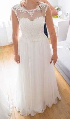 Śmietankowa, piękna suknia ślubna, rozm. 36, Gipiura,Promocja, Poleca