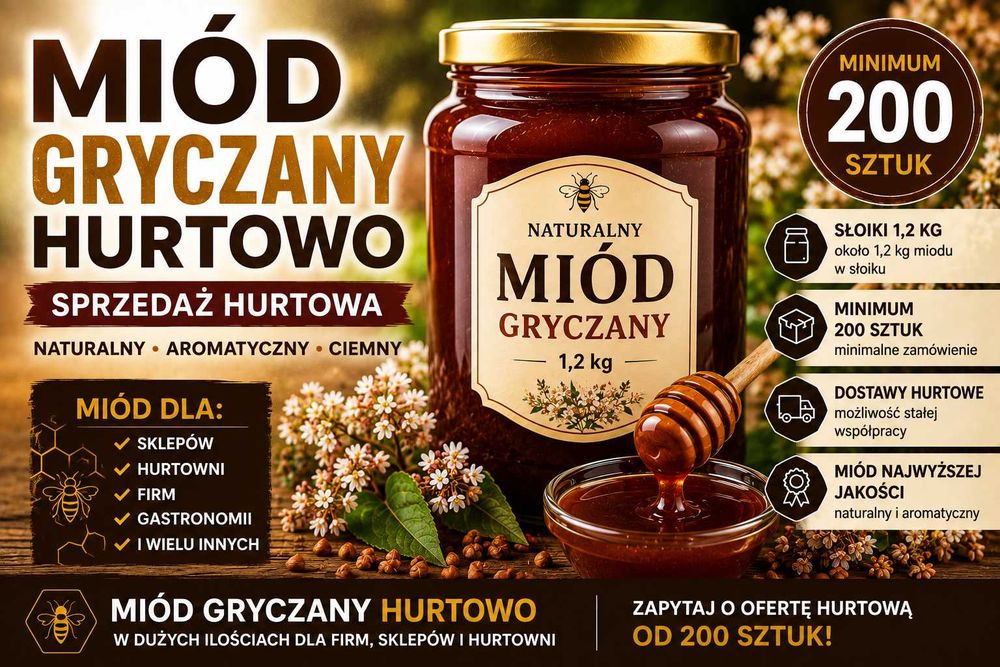 Miód gryczany hurtowo 1,2 kg | Miód w słoikach | Dla sklepów, firm i hurtowni | min. 200 szt.