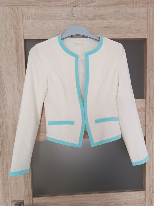 Marynarka żakiet kremowy z turkusowymi wstawkami S 36 
Długość całkowi