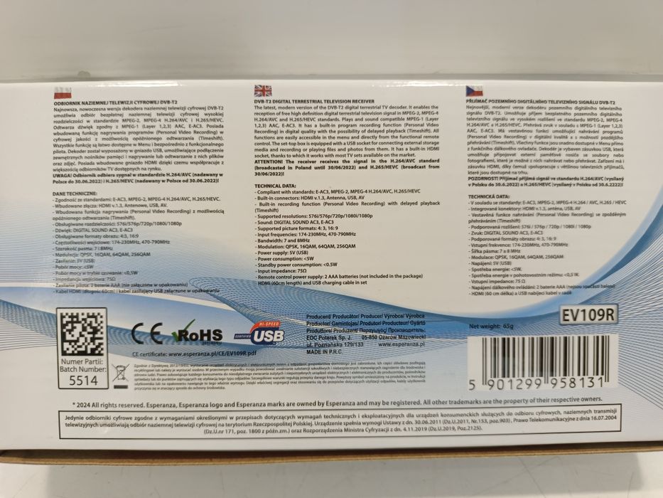 NOWY tuner do telewizji DVB-T2 HEVC H.265 EV109R Komis Madej Sosnowiec
