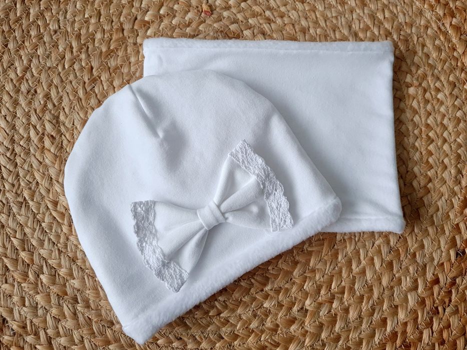 Zimowy komplet do chrztu, czapka i chustka *różne fasony*