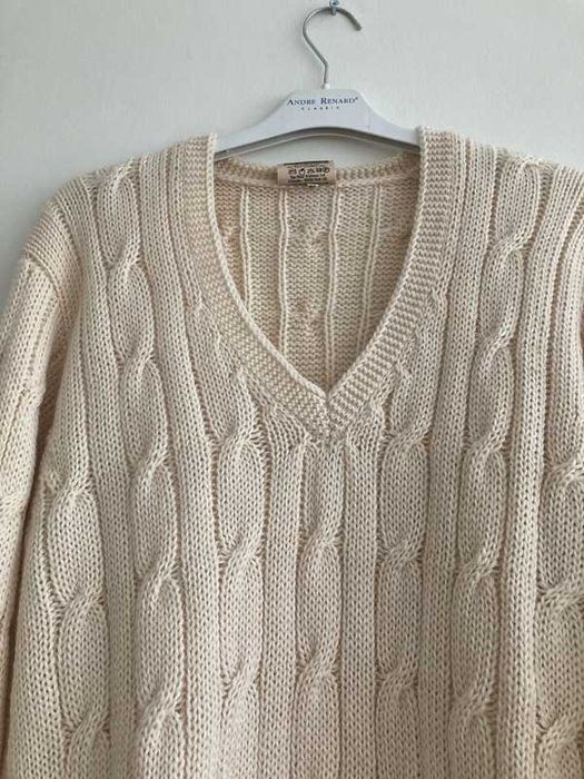Kremowy sweter w serek, 100% wełna, Vintage.