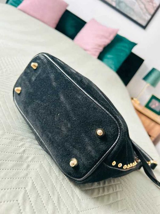 Worek skórzana czarna złota ćwieki torebka naturalna zamszowa