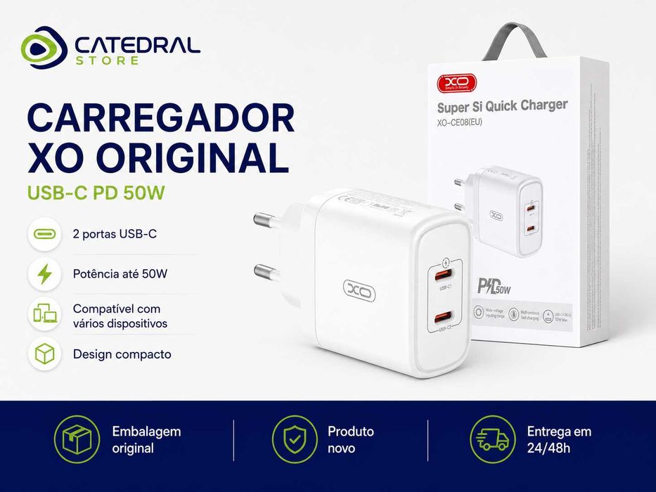 Carregador USB-C PD 50W XO Branco – 2 Portas USB-C – Novo