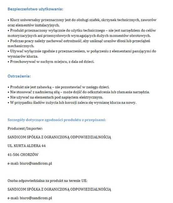 Klucz do szafek skrzynek technicznych sterowniczych gazowniczych