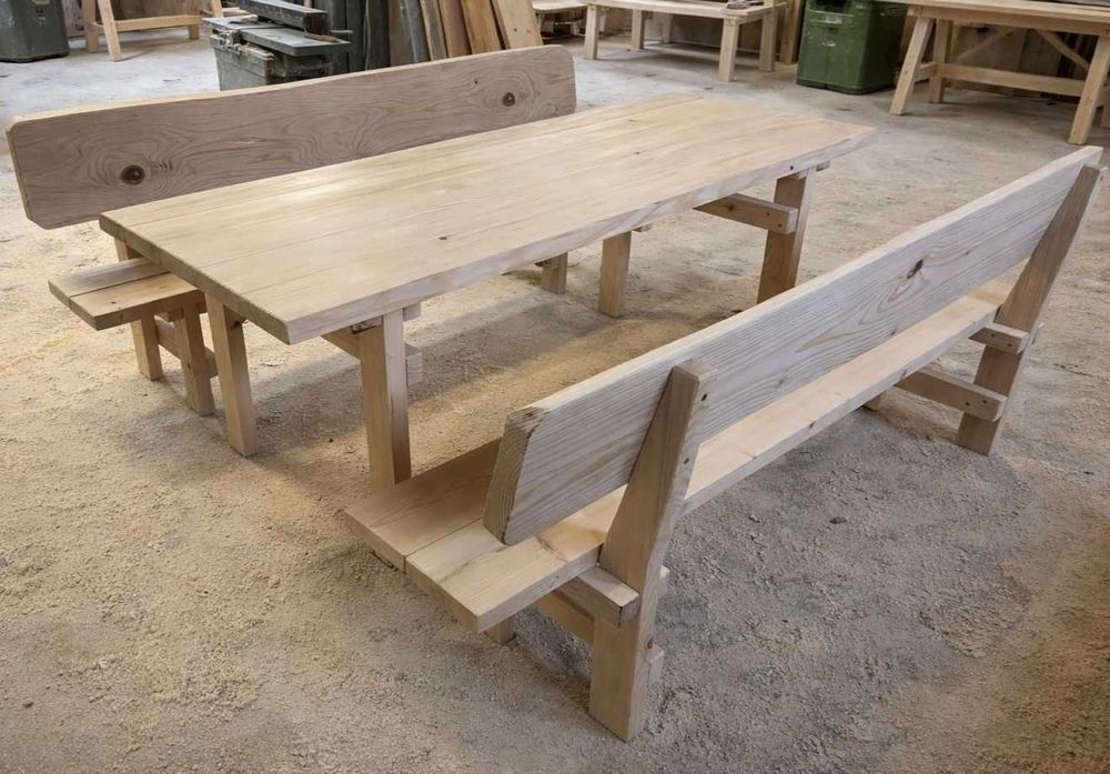 Drewniane meble ogrodowe | stół i dwie ławki | komplet OSTOJA