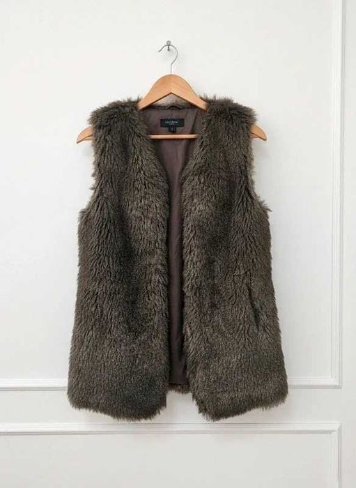 Futrzana kamizelka bezrękawnik fluffy faux fur kieszenie M