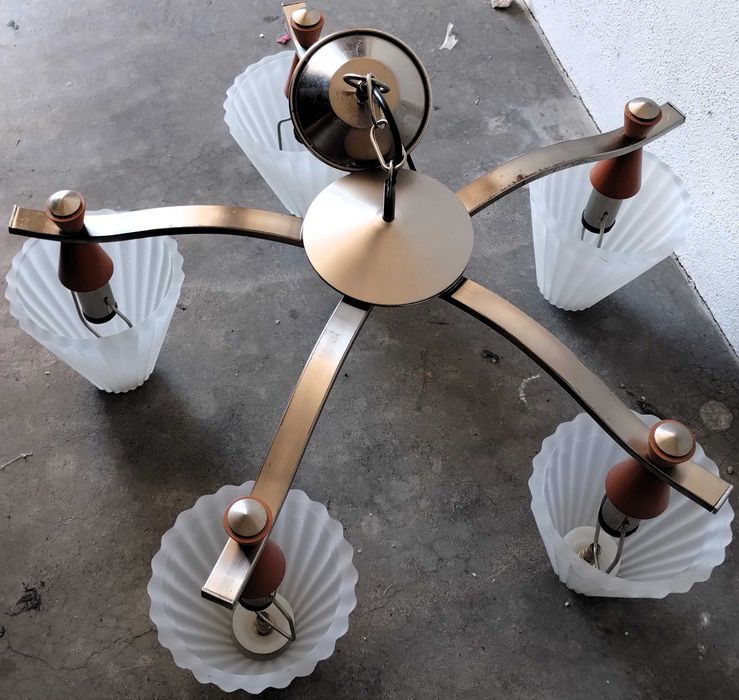 Candeeiro Tecto 5 Lustres Metal Madeira Vidro