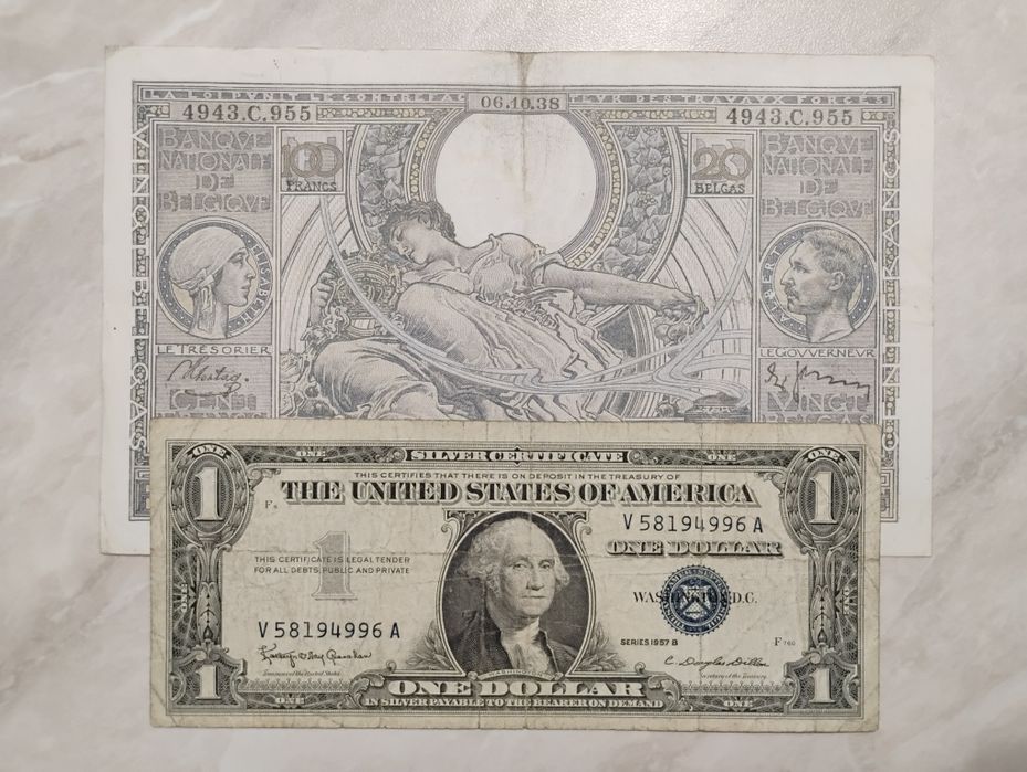 Banknoty USA i Belgia - 100 franków z 1938 i 1 dolar z 1957 r.