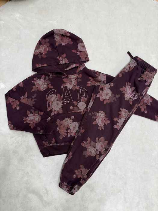 Gap ciepły dres bordowy kwiaty bluza spodnie jesień viral 140 10l