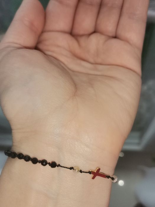 Bransoletka różaniec krzyżyk nić jedwabna srebro turmalin cytryn obsyd