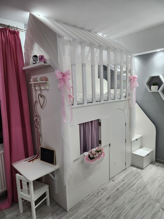 Łóżko domek antresola dla dziecka led biurko piętrowe łóżeczko