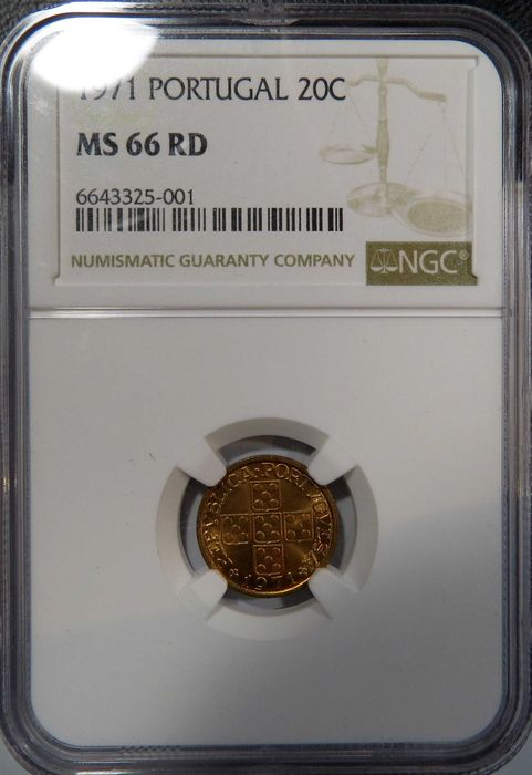 Moeda Republica Portuguesa - 20 Centavos 1971 (A data mais dificil) NGC MS66RD