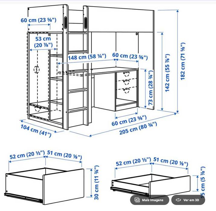 Cama alta com secretária  - SMÅSTAD - IKEA