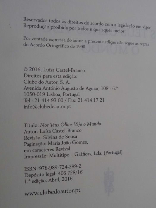 Nos Teus Olhos Vejo o Mundo de Luísa Castel-Branco - 1ª Edição