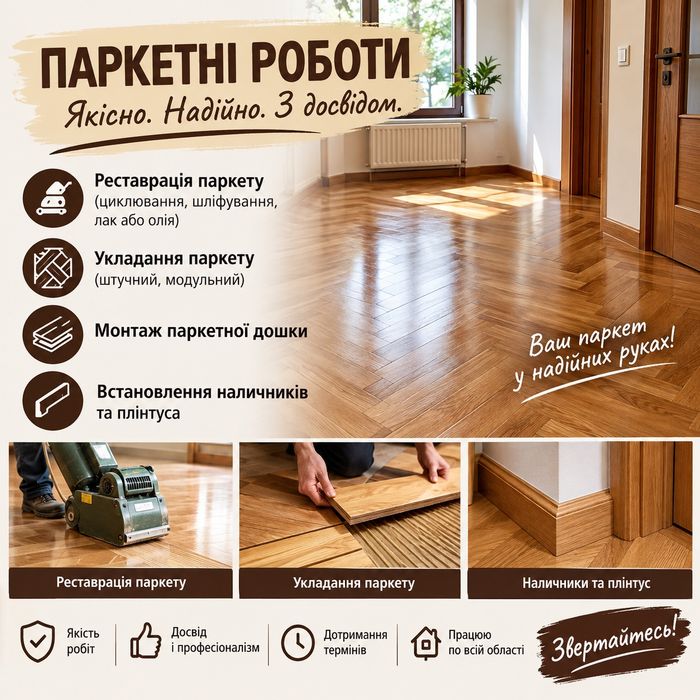 Ремонтні роботи, встановлення, реставрація паркету, ламінату, ремонт під ключ