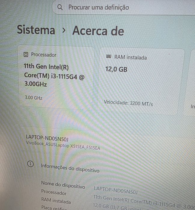 Portátil ASUS 15.6" - intel i3 12gb 256gb W11 home c/ NOVO