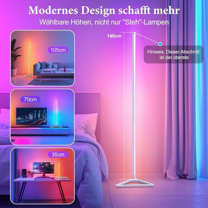 Lampa stojąca LED, RGBIC, do salonu, ściemniana, 140 cm biała narożna