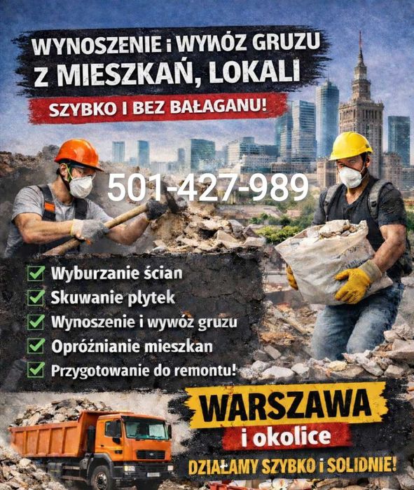 WYNOSZENIE WYWÓZ gruzu odpadów  remontowych wyburzanie skuwanie
