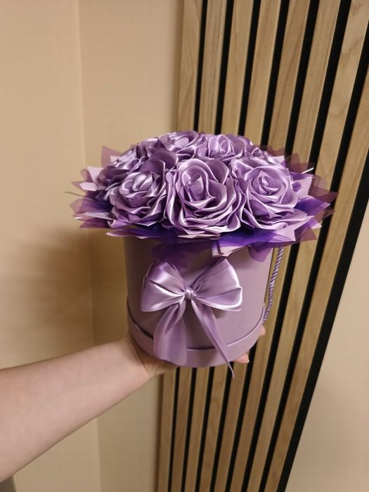 Flowerbox wieczny bukiet róż z wstążki handmade