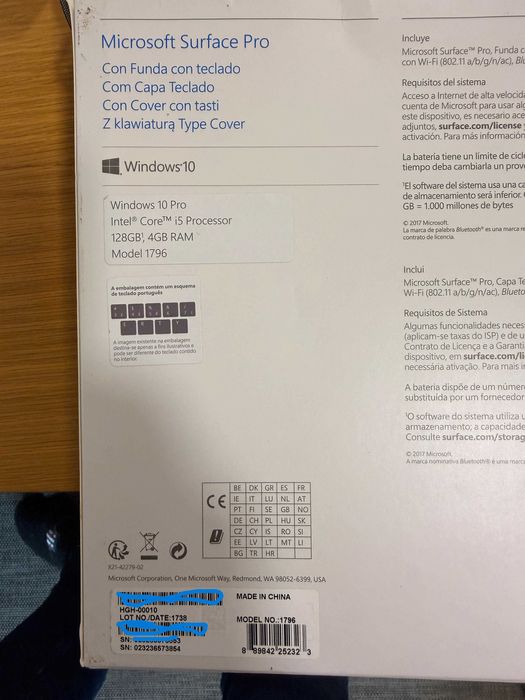 Microsoft Surface Pro 6 (1796) Core i5 128GB 4GB Ram Cinzento